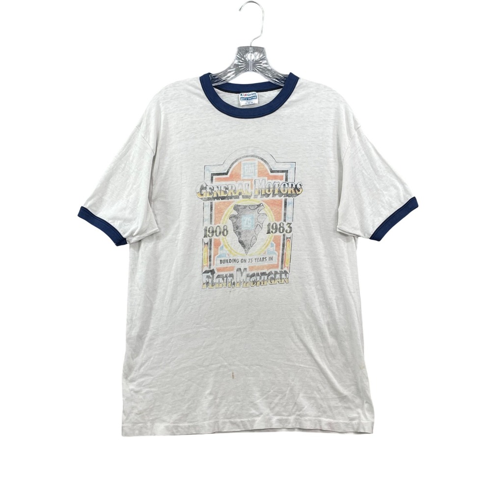 Hanes T-Shirt Mens XL White General Motors 75th Anniversary Flint MI Ringer 80s
